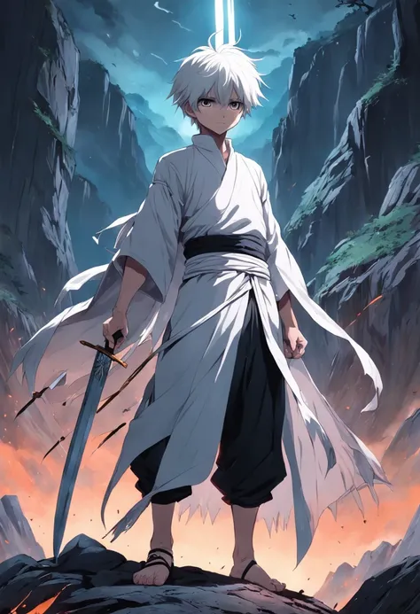 The boy with white hair，Thin and tall，Holding a long knife in pure white，A bandage is wrapped around the arm，Standing in the mountain of corpses