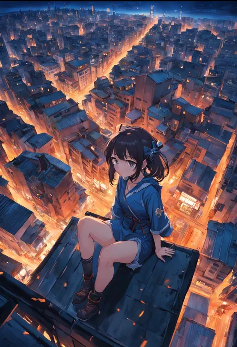 1 Outdoor girls， late， starrysky， in a panoramic view， scenecy， horizon， the roof， sitting on rooftop， ventania，（wide angles，Ultra HD details，Masterpiece, hyper HD, Super detail, High details, Best quality, A high resolution, Award-Awarded, 8K），（电影灯光）