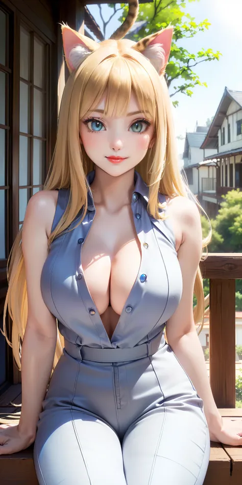 big breasts (((1 Mysterious Beautiful Detailed Cat Girl)) ((long blonde hair)), (((Top quality, highest quality)), extremely sexy body, Alone, pretty, ((well-detailed face)), cleavage:1.5 bold and stylish jumpsuit, white sleeveless blouse underneath Neckli...