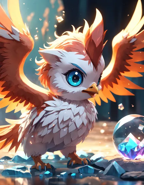 A cute adorable baby phoenix made of crystal ball with low poly eyes highly detailed intricated concept art trending artstation 8k