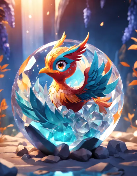 A cute adorable baby phoenix made of crystal ball with low poly eyes highly detailed intricated concept art trending artstation 8k