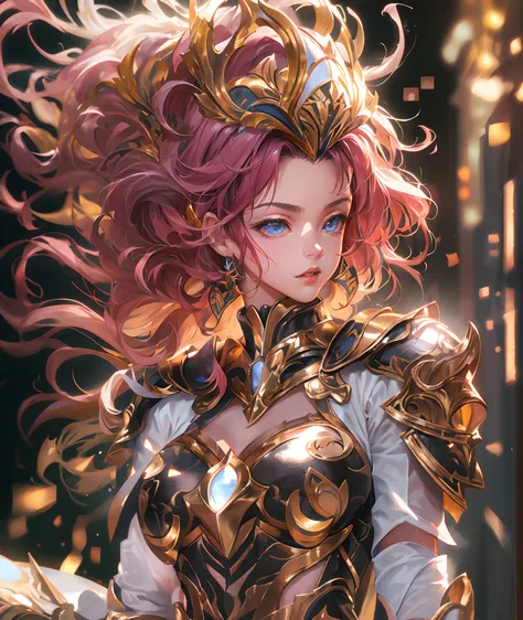 Ultra-high saturation，（tmasterpiece）， fully body photo，（best qualtiy）， （1girll）， starryskybackground，Wearing shiny gold armor， Sexy lingerie type armor，Expose your chest，Expose the waistline，Exposing thighs，cool-pose， Saint Seiya Armor， messy  hair，high de...