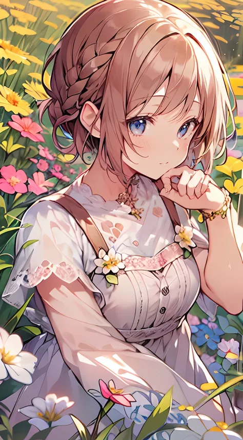 masutepiece, Best Quality,Illustration, Wallpaper, Ultra Detail, Absurd beauty、1 beautiful girl、 (Medium Short-Cut Hair、short braided hair), Beautiful ultra-detailed eyes , Hair fluttering in the wind、Keep your head small、flower  field、great outdoors、Lands...