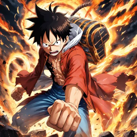 Design a gripping poster，Features Luffy as the protagonist "One Piece" Change five gears in a fit of anger. Capture the essence of his burning determination and indomitable spirit，For he unleashed his anger on his enemies. Keep it short, Bold, And strongly...