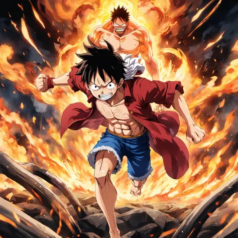 Design a gripping poster，Features Luffy as the protagonist "One Piece" Change five gears in a fit of anger. Capture the essence of his burning determination and indomitable spirit，For he unleashed his anger on his enemies. Keep it short, Bold, And strongly...