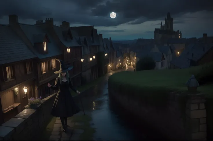 A witch flying over the French countryside in a broom. She wears a ponty hat, multilayered dress in dark colors, wavy light green hair, gothic make-up. Full Moon night, medieval town as background. Illuminated by moonlight and lamps in the town.