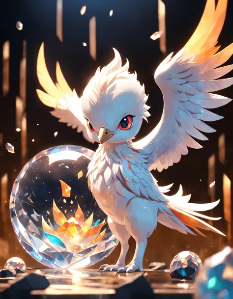 A cute adorable baby phoenix made of crystal ball with low poly eyes highly detailed intricated concept art trending artstation 8k