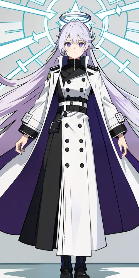 Purple eye，long  white hair，The halo，Gray trench coat