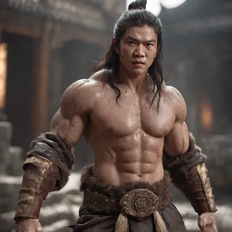 (professional 3d render:1.3) af (Realistic:1.3) most beautiful artwork photo in the world，Features soft and shiny ancient Chinese male heroes, ((Epic hero fantasy muscle man rough wet hero angry looking long hair short beard and ferocious expression in dyn...