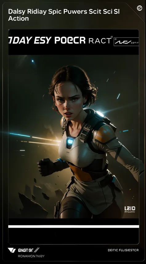 a close up action shot of epic Sci fi Hot Daisy Ridley using energy blue powers , Detailed clothing details, Liquid effect, space, Interstellar battlefield photography, natural light, photorealism, cinematic rendering, ray tracing, the highest quality, the...