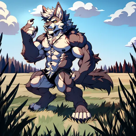 muscular werewolf，Hairy all over，clawed paws，erect through，grass field