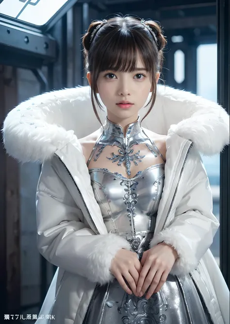 NSFW,((top-quality、8K、tmasterpiece:1.3))Wearing a silver-white mech，Girl with delicate face，The highest image quality，ultraclear，The facial features are delicate and clear，machine arm，exquisitedetails，(Camel Tou)、Mechanical pattern,cyber punk perssonage、Cy...