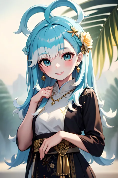 Masterpiece, 2d, 1girl intricate details, ahoge
1girl,   Kobo, Multicolored hair, Aqua eyes,  light blue hair, white hair tips, small breasts, smiling,   java wedding woman in black kebaya dress traditional and batik skirt, looking at viewer, jewerly and h...