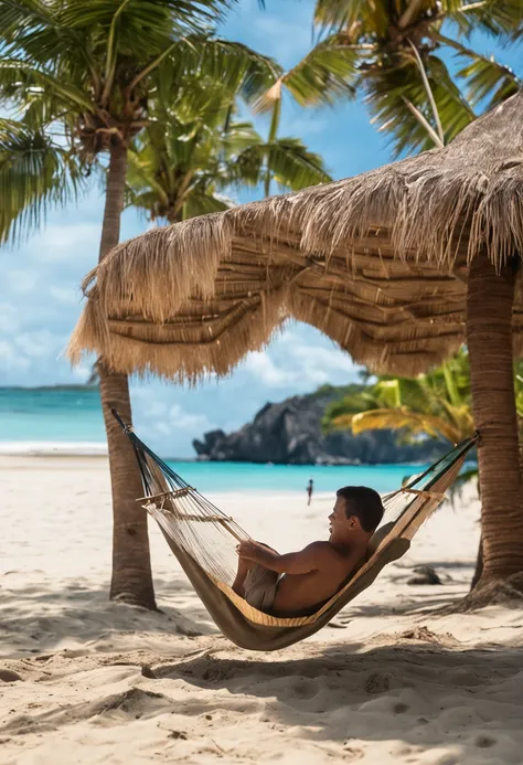 venezuelan beach with a hangmat and pallmtrees. Belgian boy drinking a cocktail out of a coconut on this beach