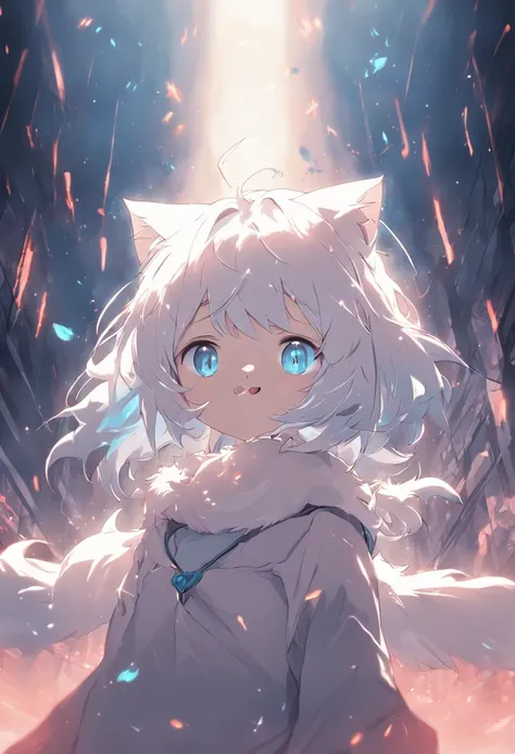 A cartoon cat with blue eyes，White hair，cute-style