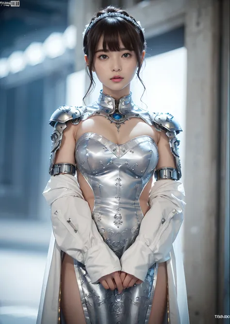 NSFW,((top-quality、8K、tmasterpiece:1.3))Wearing a silver-white mech，Girl with delicate face，The highest image quality，ultraclear，The facial features are delicate and clear，machine arm，exquisitedetails，(Camel Tou)、Mechanical pattern,cyber punk perssonage、Cy...