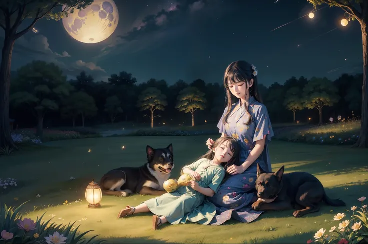 a little girl and her mother sitting together on the grass, under a tree, looking at the starry night, a big dog sleeping. flowe...