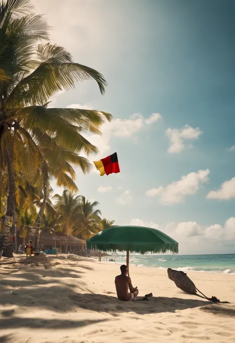 venezuelan beach with a hangmat and pallmtrees. Belgian white boy drinking a cocktail out of a coconut on this beach. the shorts of the belgian guy has the venezuelan flag