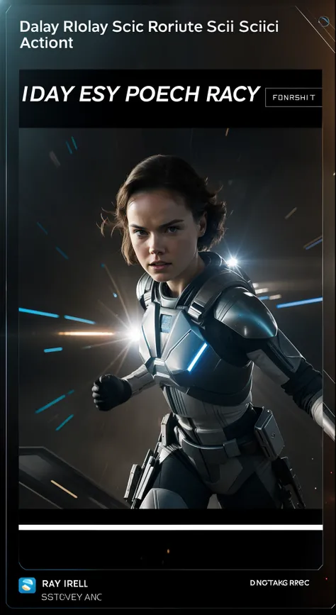 a close up action shot of epic Sci fi Hot Daisy Ridley using energy blue powers , Detailed clothing details, Liquid effect, space, Interstellar battlefield photography, natural light, photorealism, cinematic rendering, ray tracing, the highest quality, the...