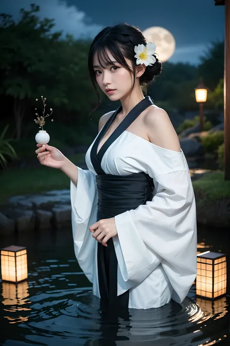 1girl, breasts, moon, lantern, night, solo, large breasts, hair ornament, wet, kimono, japanese clothes, wading, water, hair flower, flower, outdoors, sky, full moon, rain, black hair, off shoulder, mountain, cloud, holding, sash, bare shoulders, paper lan...