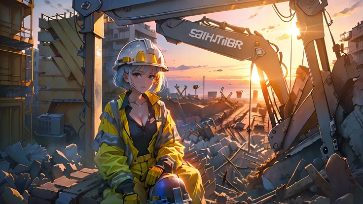 (High image quality, rich details, cinematic texture, masterpieces, masterpieces), 1girl, ((tight work attire, safety helmet, short hair:1.3)),(( sitting in the excavator cab:1.3)), ((cleavage, sexy)), on construction sites, sunset, soft, backlight