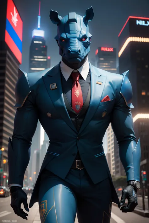 humanoid robot rhinoceros, blue suit, red tie, redie hanky, futuristic city background, rolex watch, french cuffs, ultra realistic, 8k, facing camera, nikon D7500, high resolution, detailed