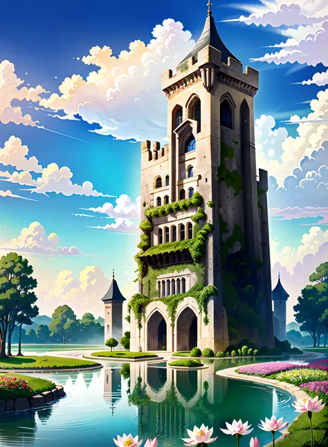 A European-style tower castle made of cement，Surrounded by flowers，Ask for clouds and waves，Fences made of flowers，Lotus pond，in a sunbeam