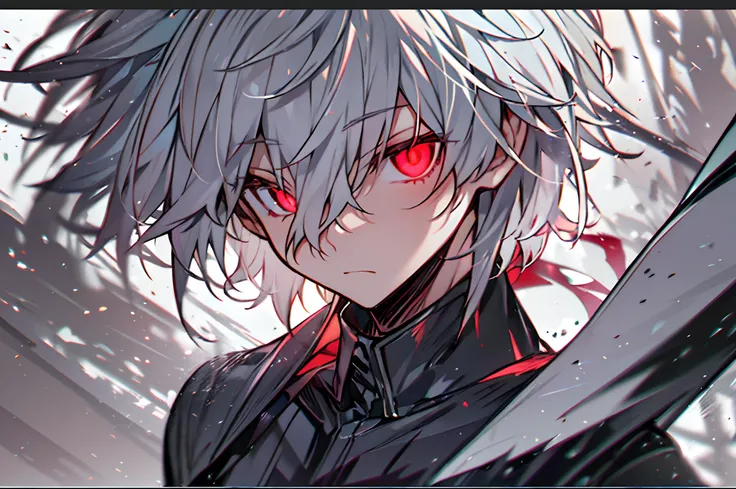 hight resolution,Anime boy with white hair and red eyes staring at camera, Glowing red eyes,slim, dressed in a black outfit,Shadow Body,de pele branca,monochromes,hair messy,Straight face,Diagonal angle