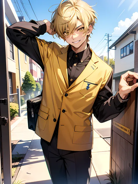 1 teenager boy who is smiling with his teeth open, with white skin, with beautiful yellow eyes with short eyelashes, short blonde hair, standing straight with good compusure, he is wearing highschool uniform, his in the neigborhood, high res, ultrasharp, 8...