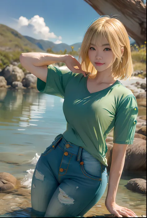 master part, best quality, alto, pretty asian, blonde hair, cabelos longos, (((seios gigantes muito grandes, water-green shirt w...