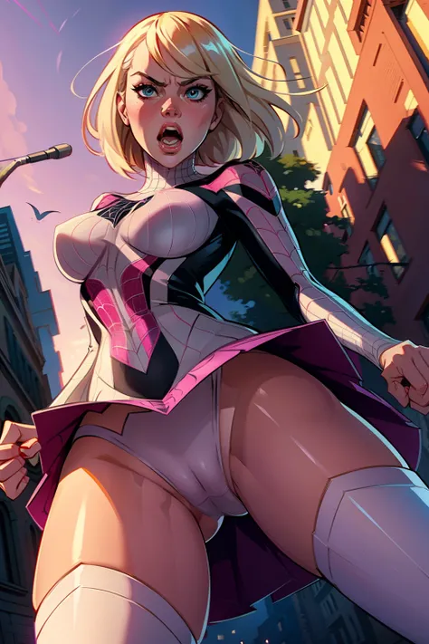 gwen stacy, spidergwen costume, looking at camera, from below, upskirt, cameltoe, suprise face, open mouth, angry eyes, in street