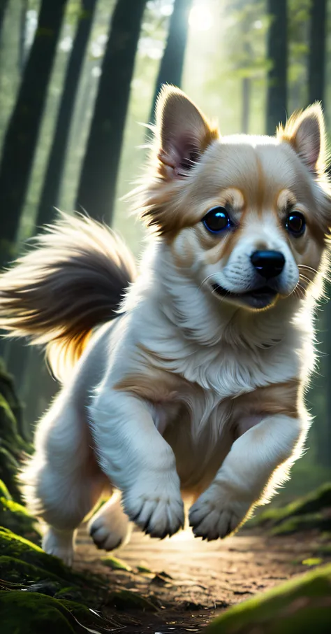 Close-up of a very cute jumping puppy in the forest, soft volumetric light, (backlight: 1.3), (movie: 1.2), intricate details, (ArtStation: 1.3), Rutkowski