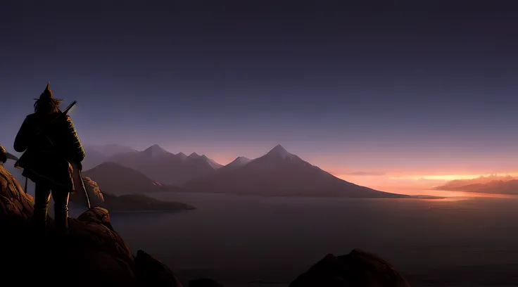 Arafed man standing on a mountain overlooking a lake and mountains, por Andrei Kolkoutine, Hermoso render de un paisaje, Renderizado horizontal de 8 K, inspirado por Michał Karcz, High mountains on the horizon, inspirado por Michal Karcz, Megascan Quixel, ...