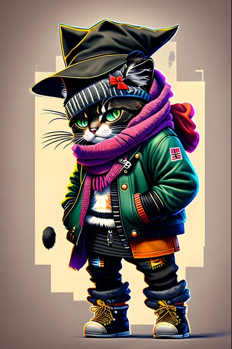 Drawing of a cat in a hat and scarf, Art Station Trend, Wearing punk clothes, hyper realistic detailed rendering, British gang member, Urban style, intimidating pose, planet of the cats, Trendy clothes, Urban Samurai , meow, West Slavic traits, 8 1 5