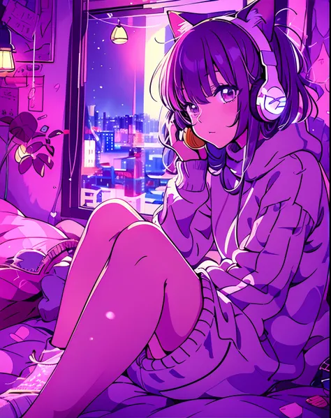 a detailed anime girl, wearing a large sweater, wearing headband headphones, lofi, tranquil, quiet vibes, chilling, in her bedro...