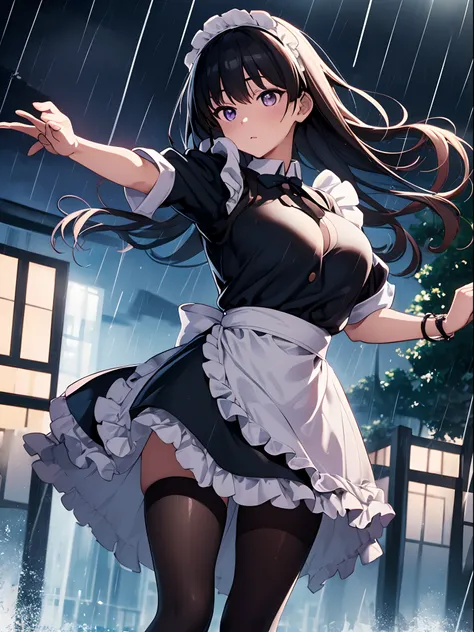 (R Solo:1.3)、(masterpiece)、((best qualtiy))、((ultra-detailliert))、(a high chroma)、(CG Illustration)、highcontrast、low angles、red blush、(Licory Recoil:1.3)、((Takina Inoue))、((maid clothes))、White panties、(Thick black tights)、(Purple anime-style eyes)、Delica...