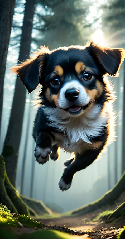 Close-up of a very cute jumping puppy in the forest, soft volumetric light, (backlight: 1.3), (movie: 1.2), intricate details, (ArtStation: 1.3), Rutkowski