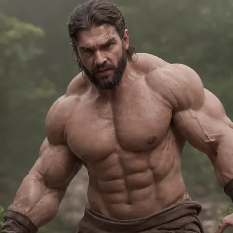 (Professional 3D rendering:1.3) de (Realistic:1.3) Foto de arte mais bonita do mundo，Features soft, bright male heroes, ((Epic hero fantasy rough muscular man wet hero angry look long hair short beard and fierce expression in dynamic pose, fantastic locati...