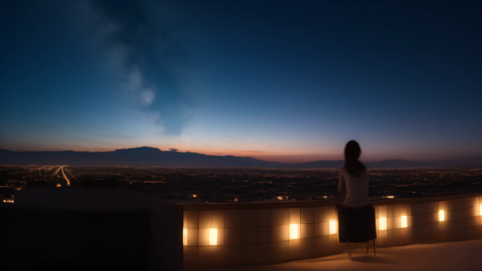 Quiet，Dont be too noisy，1 girl outdoors， late， starrysky， in a panoramic view， scenecy， horizon， the roof， sitting on rooftop， ventania,Quiet nights,Quiet nights