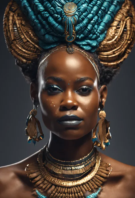 (Professional 3D rendering:1.3) de (Realistic:1.3) Foto de arte mais bonito do mundo，Yemanja, orisha, rainha africana,roupas azuis,Orixá queen of the oceans,cores azuis, vestindo um ade detalhado e intrincado, olhar materno, cosmic goddess,impressionismo,A...