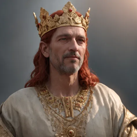 (Professional 3D rendering:1.3) de (Realistic:1.3) Foto de arte mais bonita do mundo，Features soft, bright male heroes, ( King Solomons age of 50 years, shorter red hair and, King Solomons with A LOW CROWN in his forehead maximize hair and crown detail, go...