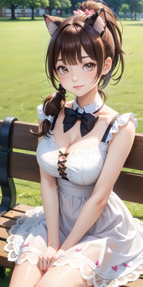 big breasts ((1 beautiful cat girl)), ((brown ponytail hair)) long hair, (masterpiece), (best quality), perfect eyes, ((perfect face)), perfect lighting, bow on hair, cute little lace dress, wonderful pretty dress, ruffles, décolleté, field, grass, cute sh...