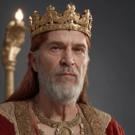 (Professional 3D rendering:1.3) de (Realistic:1.3) Foto de arte mais bonita do mundo，Features soft, bright male heroes, ( King Solomons age of 50 years, shorter red hair and, King Solomons with A LOW CROWN in his forehead maximize hair and crown detail, go...