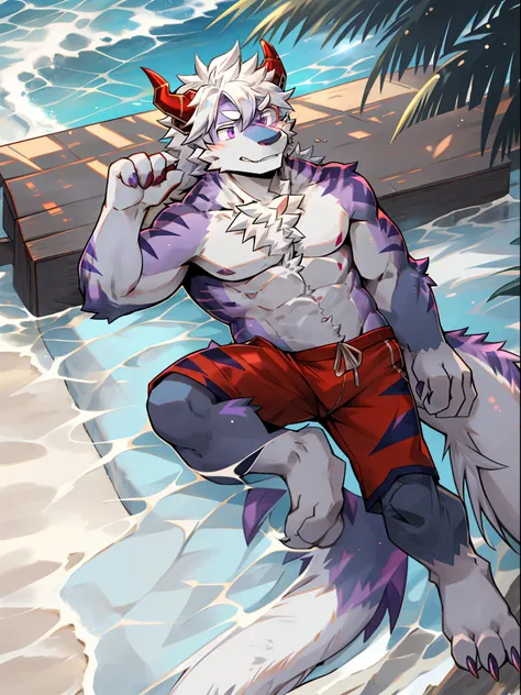 One guy，独奏，Full body like，shaggy male，hairy bodies，Correct male human anatomy，Detailed double eyes，glowing light eyes，long  white hair，Dragon and wolf combined，shoun，thin tall body type，male people，There are small horns on the head，Gray fur，Purple stripes，...