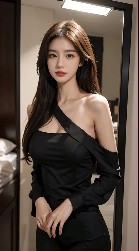 ((Realistic lighting, best qualtiy, 8k, tmasterpiece:1.3)), sharp fokus:1.2,Korean woman standing in front of a mirror，voluminous hair，Delicate face，Photorealsitic，Wearing a black dress，Cropped dress，Off-the-shoulder，Dress around the neck，Slim，sexy for，Big...