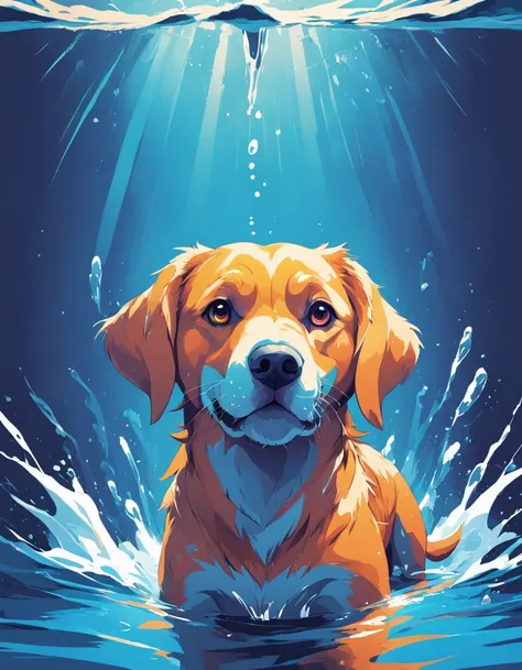 an dog of vibrant colors, water elements, simple design, vector art, minimal