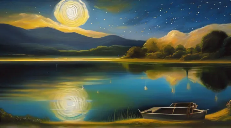 Reflexos Estelares na Lagoa, In a place beyond Earth, under a magnificent moonlight, uma lagoa se estende na noite estrelada. Its tranquil waters reflect the lights of poetic hope, criando uma imagem que ecoa o estilo de pintura de Da Vinci. The scene is a...