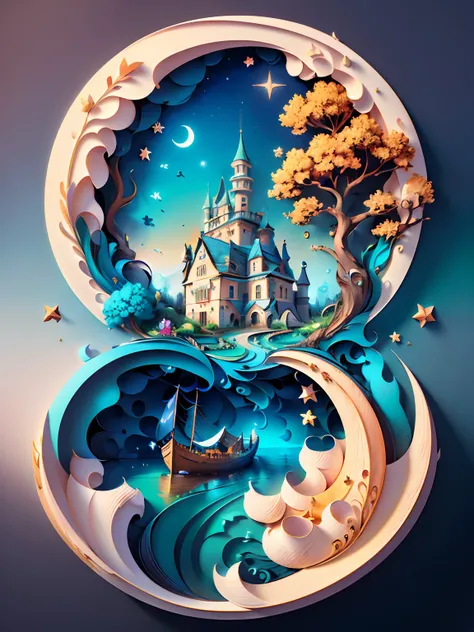 (((masterpiece))),best quality, illustration,  sky, cloud, water, star (symbol), tree, no humans, night, bird, moon, building, star (sky), night sky, scenery, starry sky, watercraft, castle, ship, waves, tower, boat. vibrant color scheme, Soft light,(warm ...