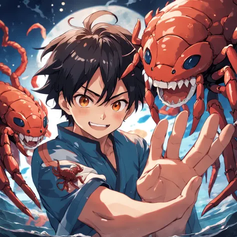 ５Male in his 0s 1 Asian holding hairy crab in his hand １A smile　bigeyes９0s style anime retro