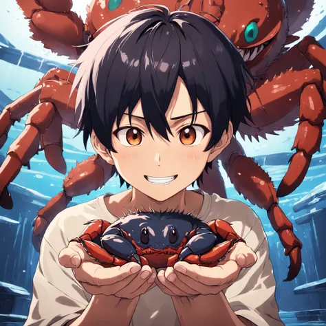 ５Male in his 0s 1 Asian holding hairy crab in his hand １A smile　bigeyes９0s style anime retro